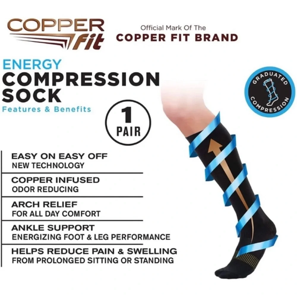 Copper Fit Energy Plus Compression Socks • Copper Infused • M 6-9 • W 7-10 NIB